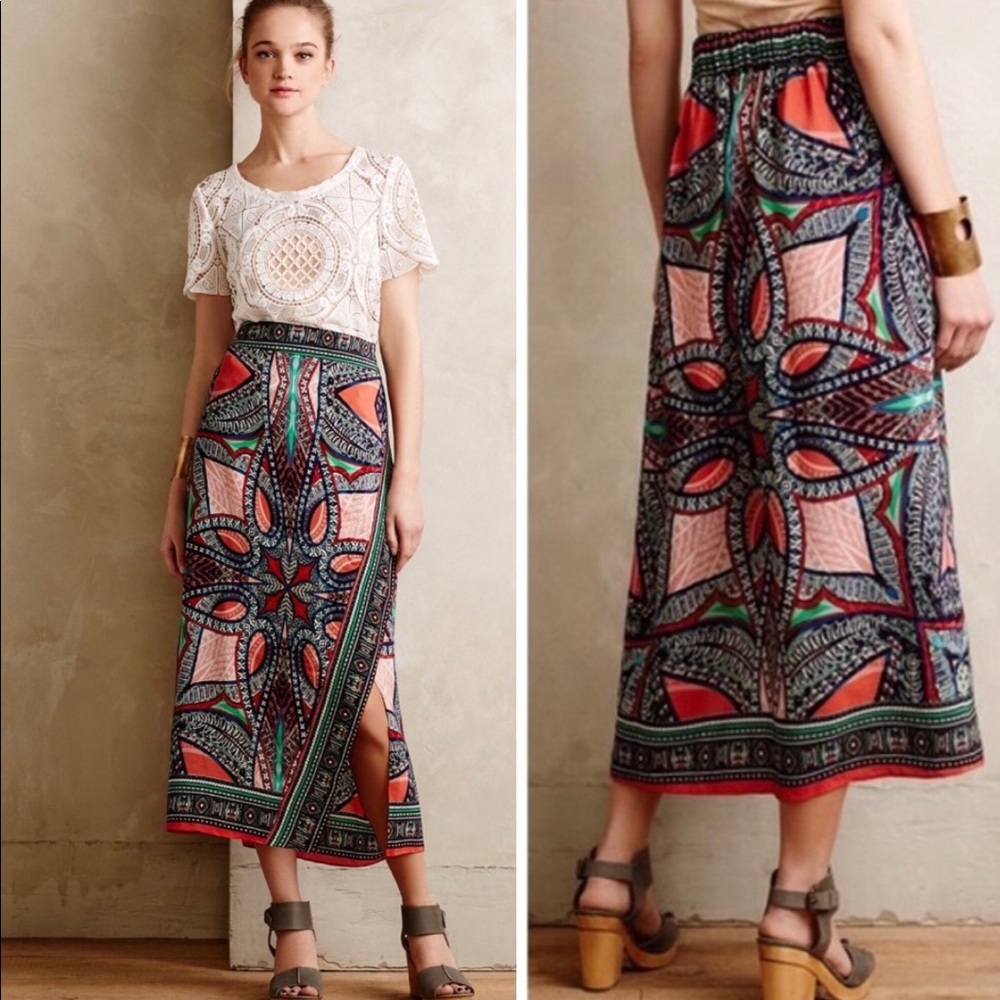 Anthropologie Navy, Coral & Green Printed Maxi Skirt